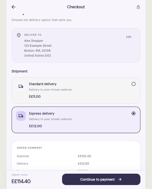 WooApp delivery step with standard and express options