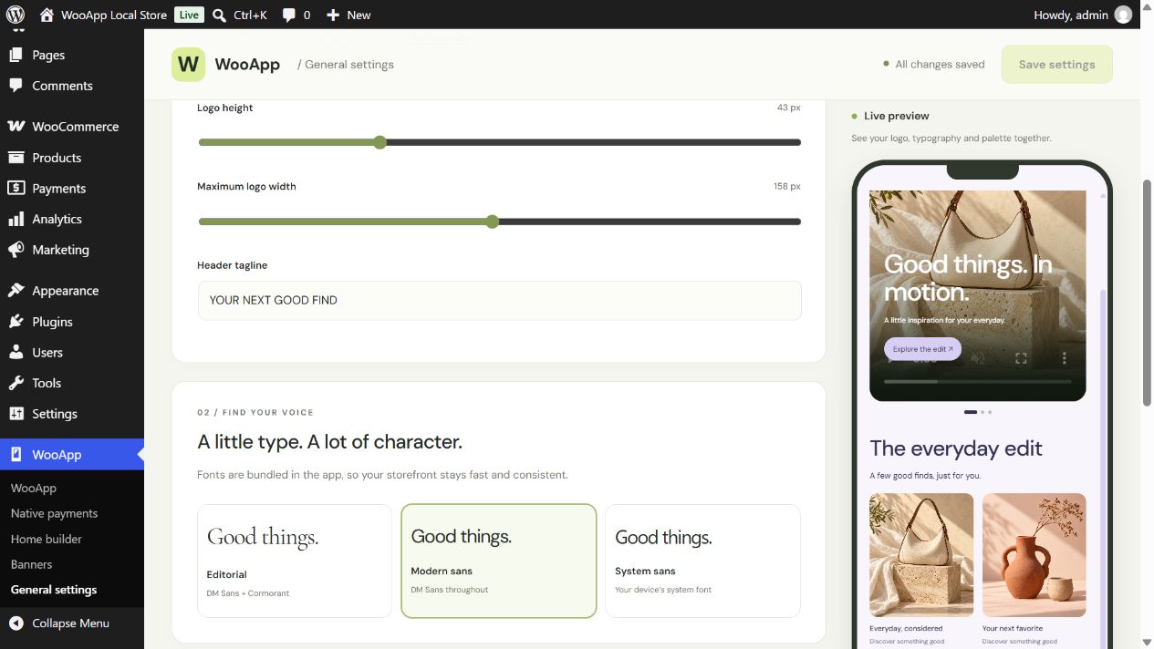 Actual font controls showing Editorial, Modern sans and System sans