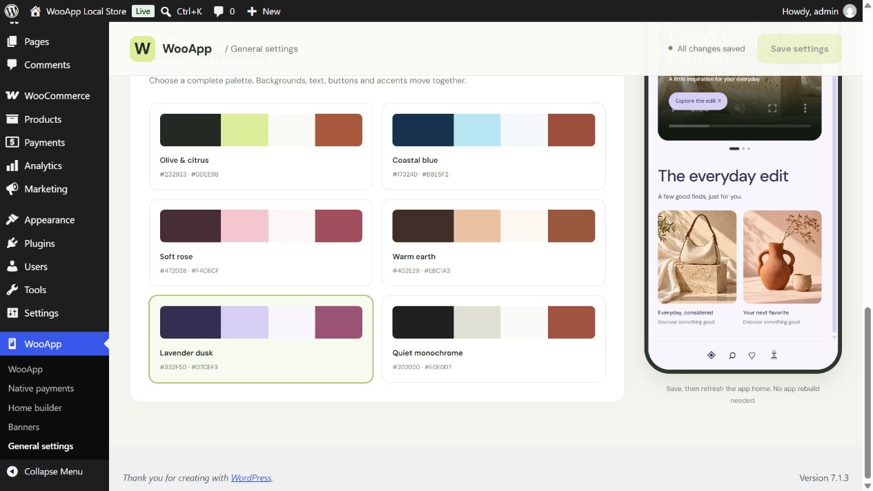 General settings typography and visually selectable color palettes