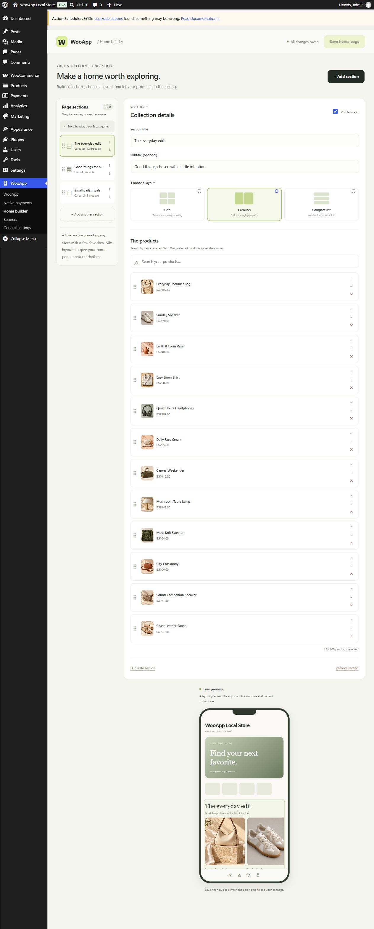 Actual WooApp Home builder with ordered sections, layout selection, product search and selected product list