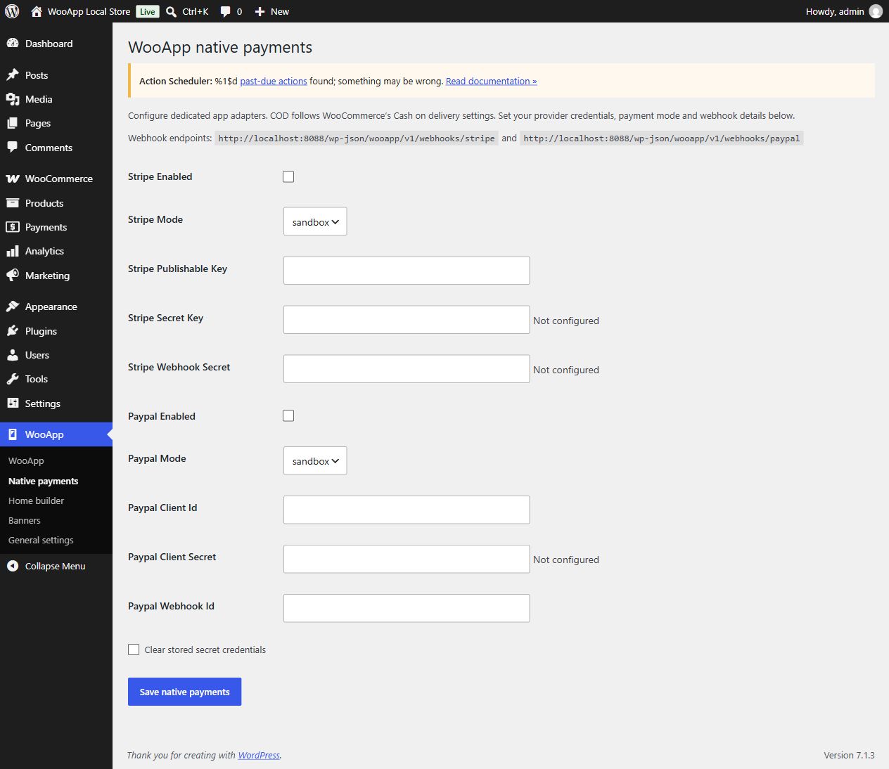 WooApp Native payments settings, unconfigured sandbox fields and webhook endpoints