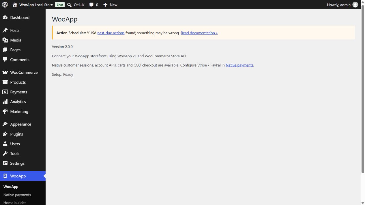 WooApp plugin status page displaying version and Setup Ready