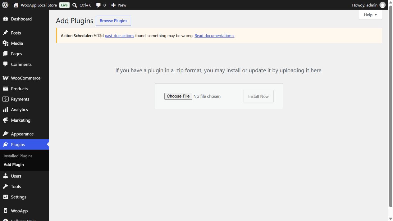 Actual WordPress Upload Plugin screen showing the ZIP selector and Install Now button